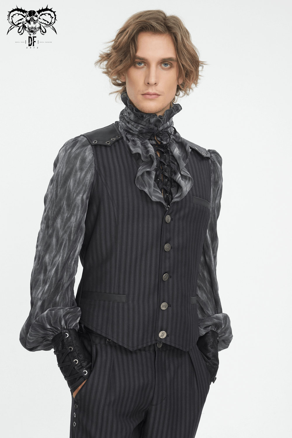 Man wearing a vintage gothic striped V-neck waistcoat with a stylish ruffled shirt, perfect for formal and casual occasions.