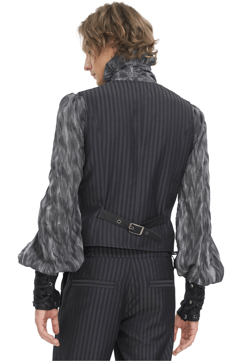 Back view of a vintage Gothic striped V-neck waistcoat for men, featuring a stylish design and puffed sleeves.