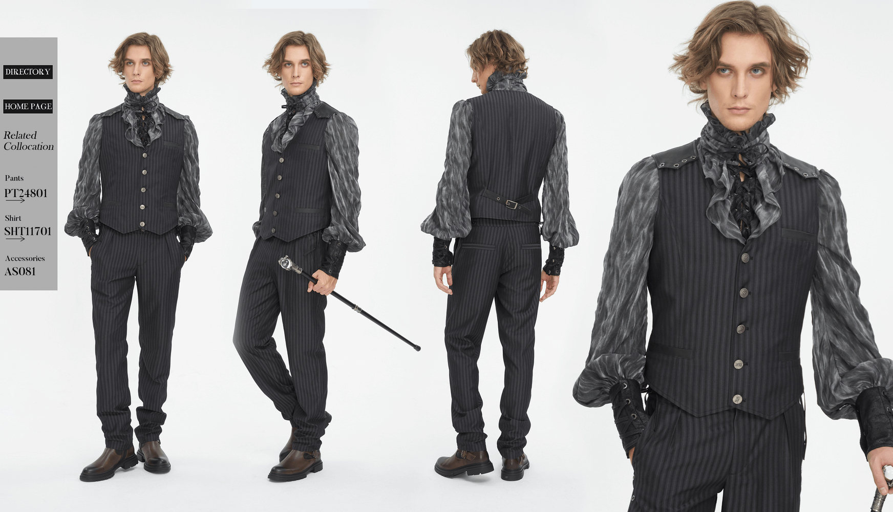 Vintage Gothic striped V-neck waistcoat for men styled with elegant accessories and tailored pinstriped pants.
