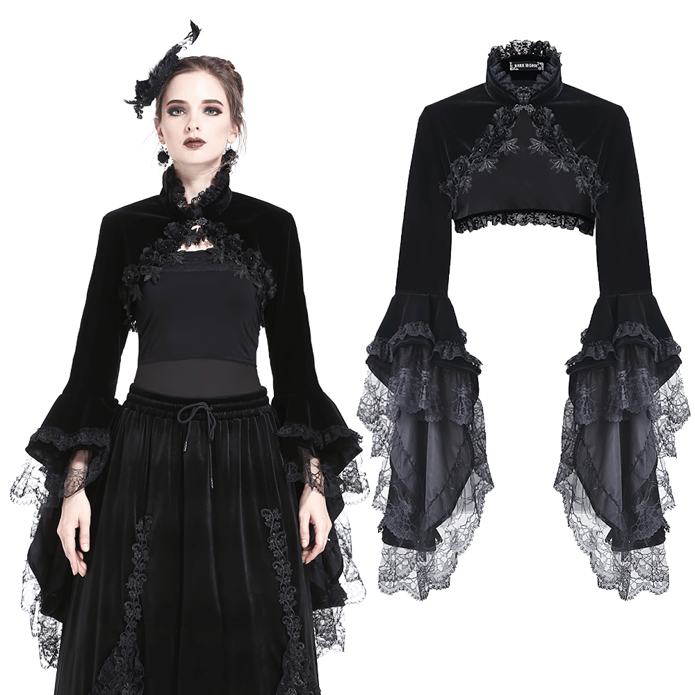Vintage Gothic velvet bolero with lace sleeves, perfect for adding Victorian elegance to any outfit.