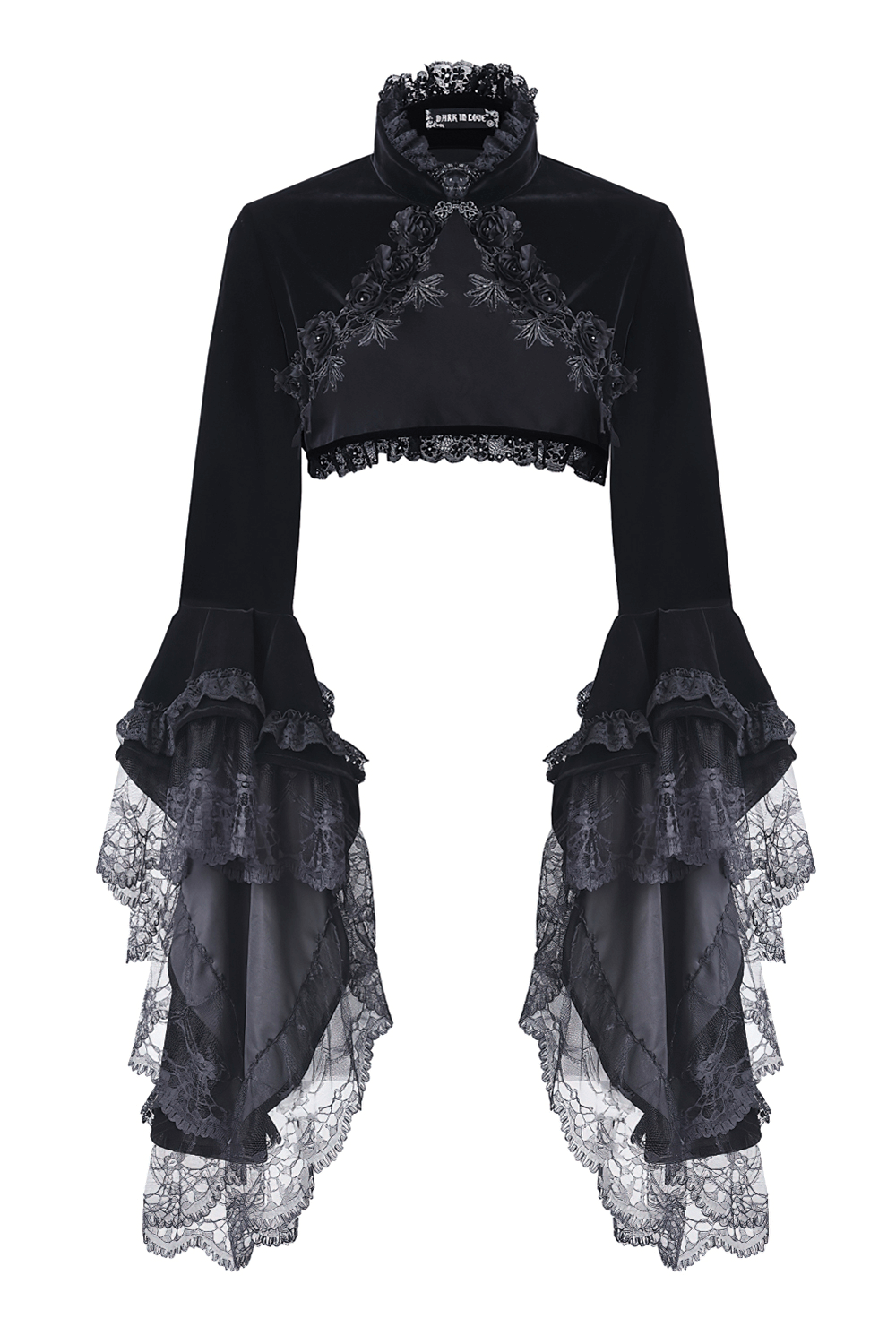 Vintage Gothic velvet bolero with lace sleeves, featuring dramatic bell sleeves and Victorian elegance.