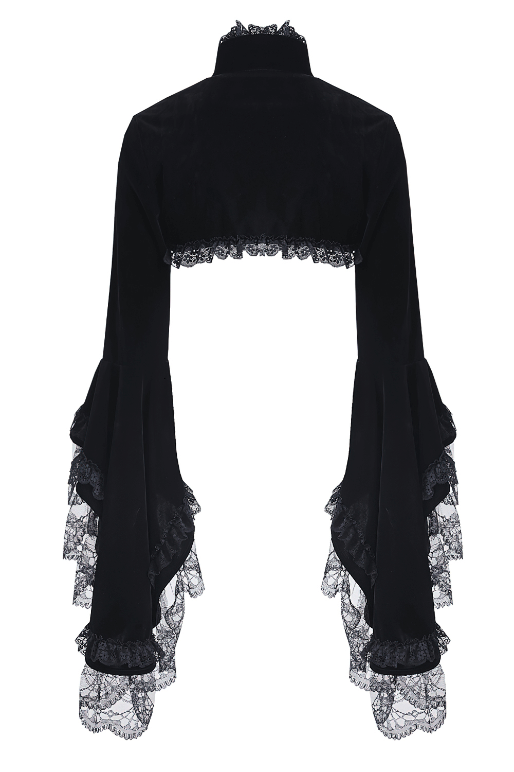 Vintage Gothic black velvet bolero with lace bell sleeves, perfect for adding Victorian elegance to any outfit.