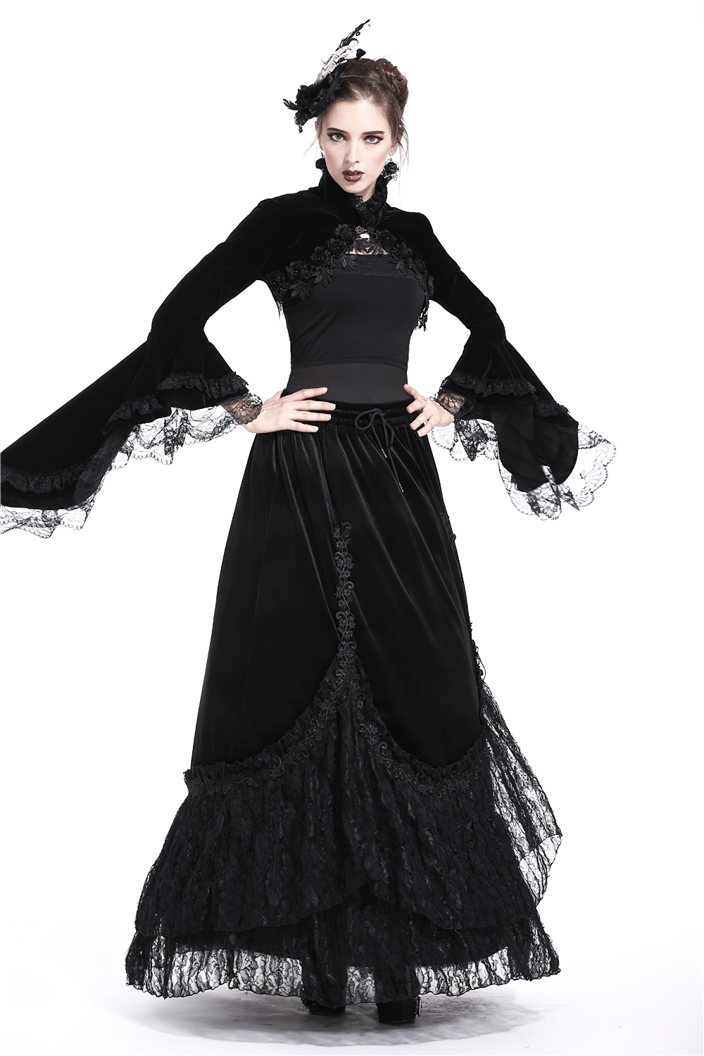 Gothic black velvet bolero with lace sleeves, perfect for a dramatic Victorian-inspired outfit.