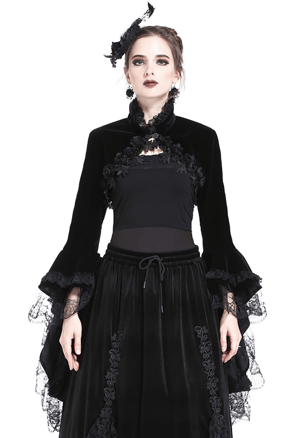 Elegant vintage gothic velvet bolero with lace sleeves, styled with a dramatic black outfit for a dark, enchanting look.
