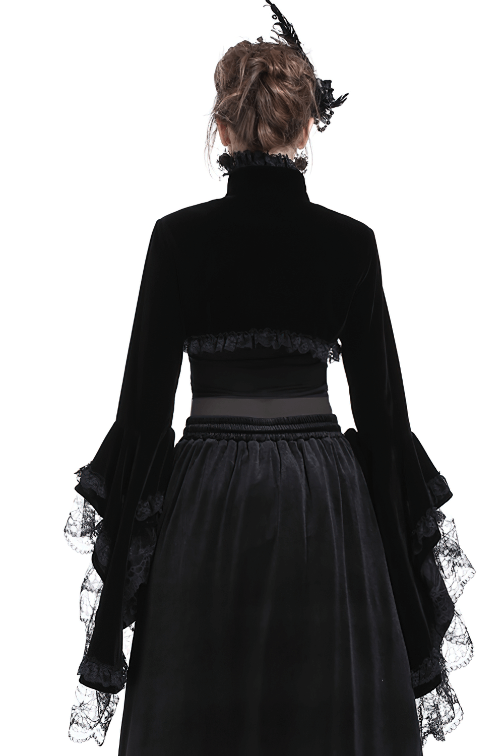 Back view of a vintage gothic black velvet bolero with lace bell sleeves, perfect for a dramatic gothic look.