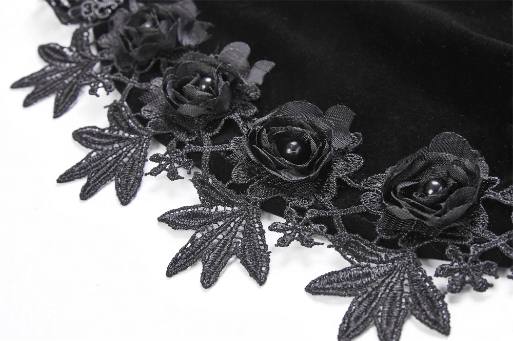 Close-up of elegant black lace with roses, perfect for Vintage Gothic Velvet Bolero with Lace Sleeves.