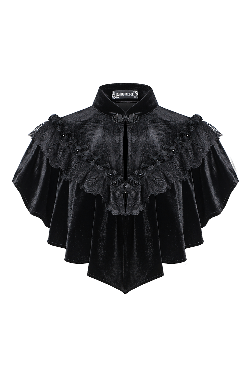 Vintage Gothic black velvet capelet with lace trim and pearl accents for a dark, romantic style.