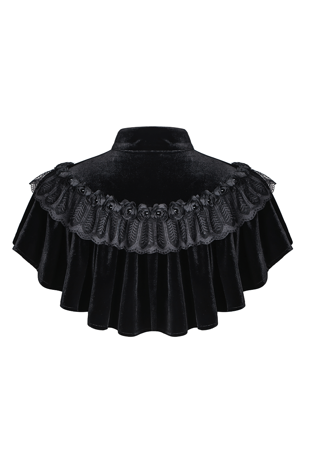Black vintage gothic velvet capelet with lace trim and faux pearls, showcasing a dramatic heart-shaped design.