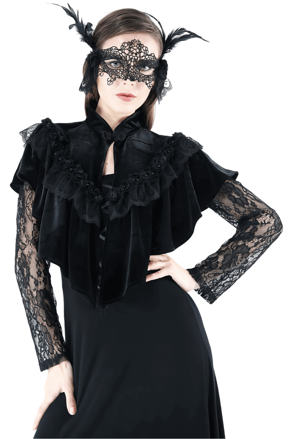 Vintage Gothic velvet capelet with lace and pearls worn by a woman in a dramatic black outfit and mask.
