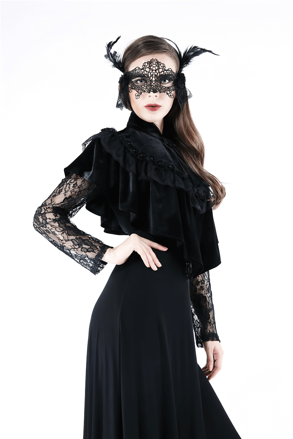 Elegant lady in a black velvet Gothic capelet with lace and feathers, perfect for dark, romantic attire.