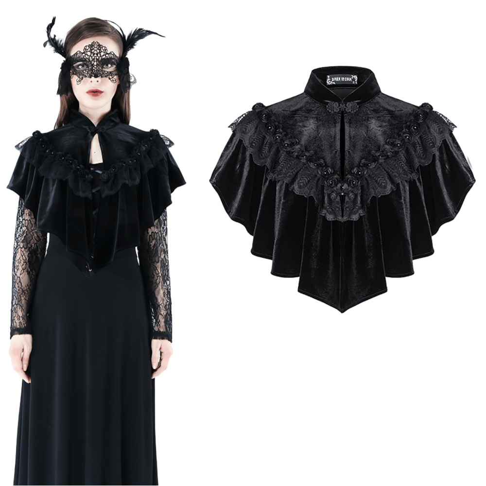 Vintage gothic velvet capelet with lace and pearls, featuring a heart-shaped design, perfect for dark romantic outfits.