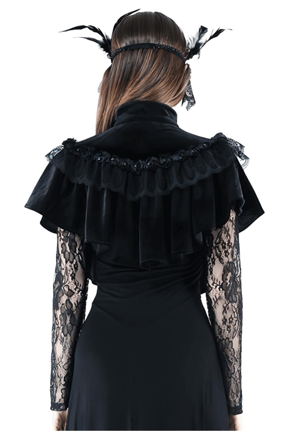 Back view of a lady wearing a vintage gothic velvet capelet with lace and pearls, showcasing elegance and dark romance.