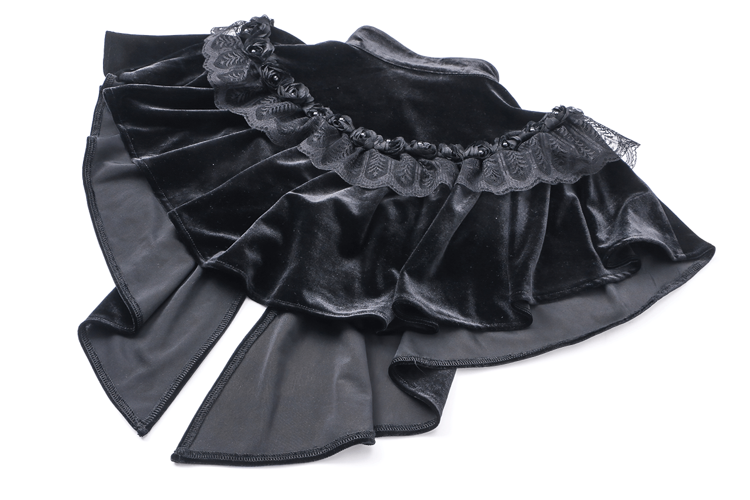 Vintage Gothic velvet capelet with lace and pearls in a dramatic black design, perfect for dark romantic outfits.