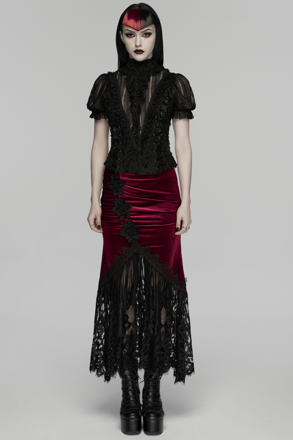 Alt Tag: Vintage Gothic Velvet Mermaid Skirt with Lace Hem in burgundy velvet with black lace fishtail hem, ruched panels and floral appliques