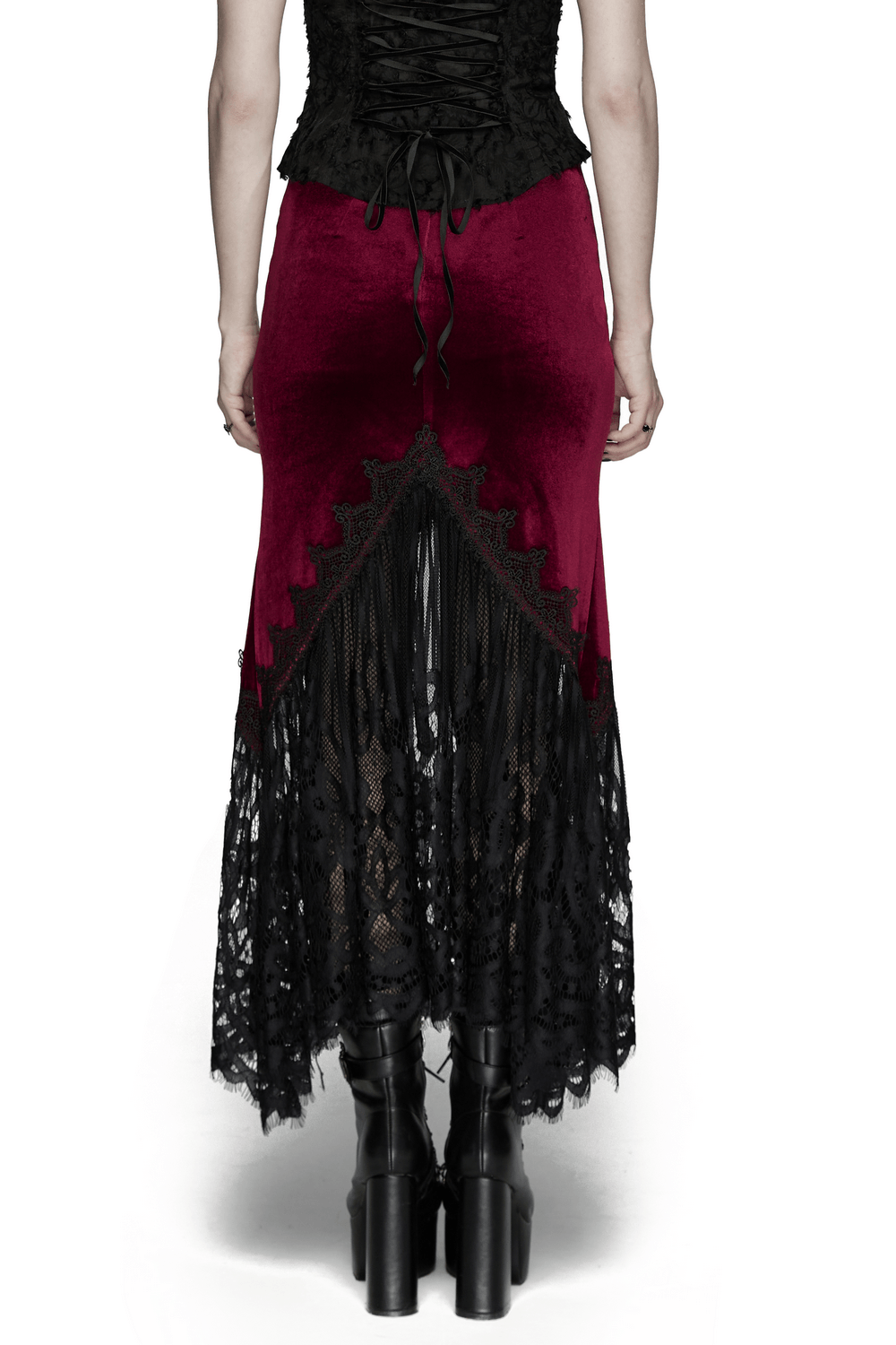 Alt Tag: Vintage Gothic Velvet Mermaid Skirt with Lace Hem burgundy velvet fishtail skirt with black lace hem, back view