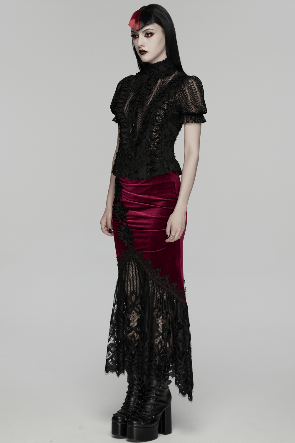 Alt Tag: Vintage Gothic Velvet Mermaid Skirt with Lace Hem in burgundy velvet with black lace fishtail hem, worn with gothic top and boots