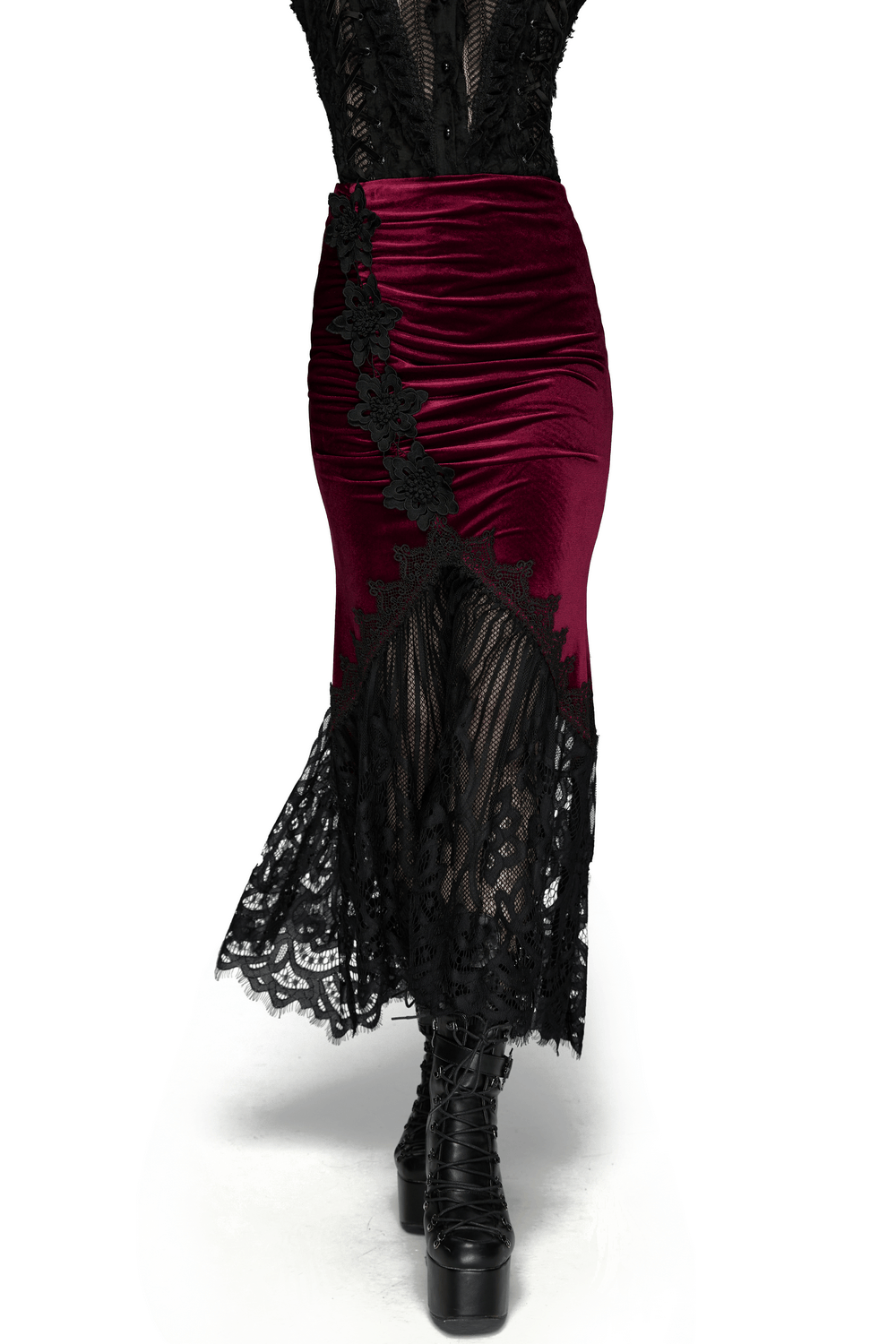 Alt Tag: Vintage Gothic Velvet Mermaid Skirt with Lace Hem in burgundy velvet with ruched panels, black floral lace appliques and long lace fishtail hem