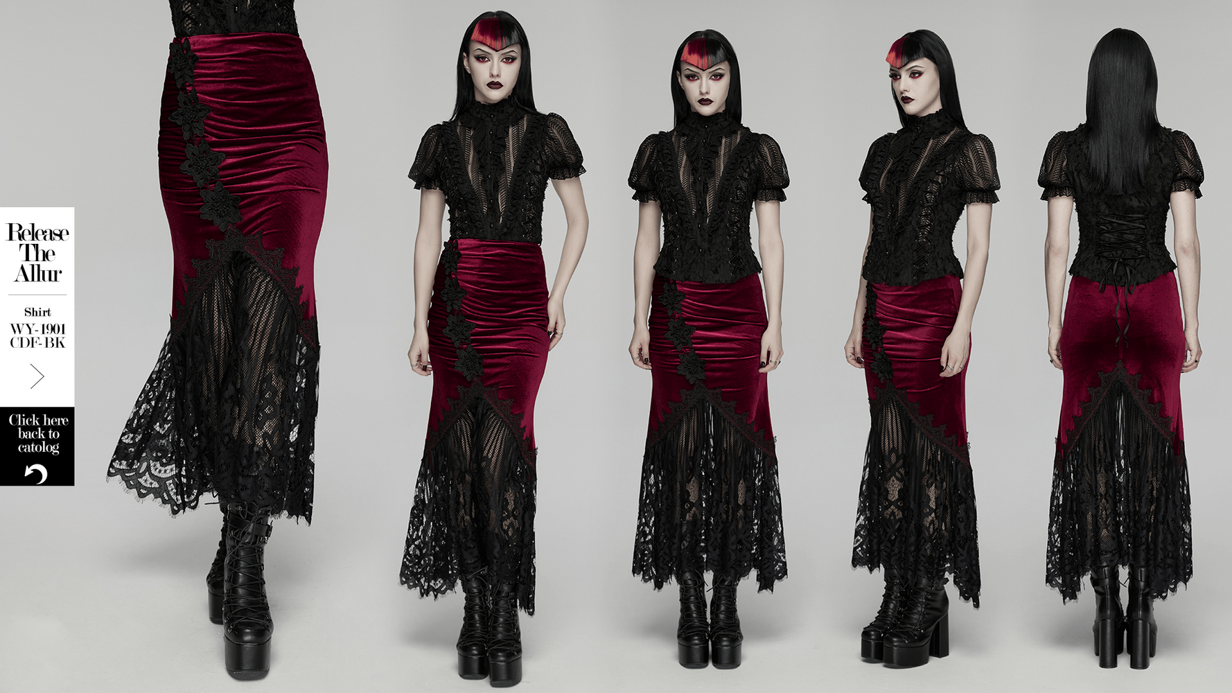 Alt Tag: Vintage Gothic Velvet Mermaid Skirt with Lace Hem in burgundy velvet with ruched panels, floral appliques, and black lace fishtail hem