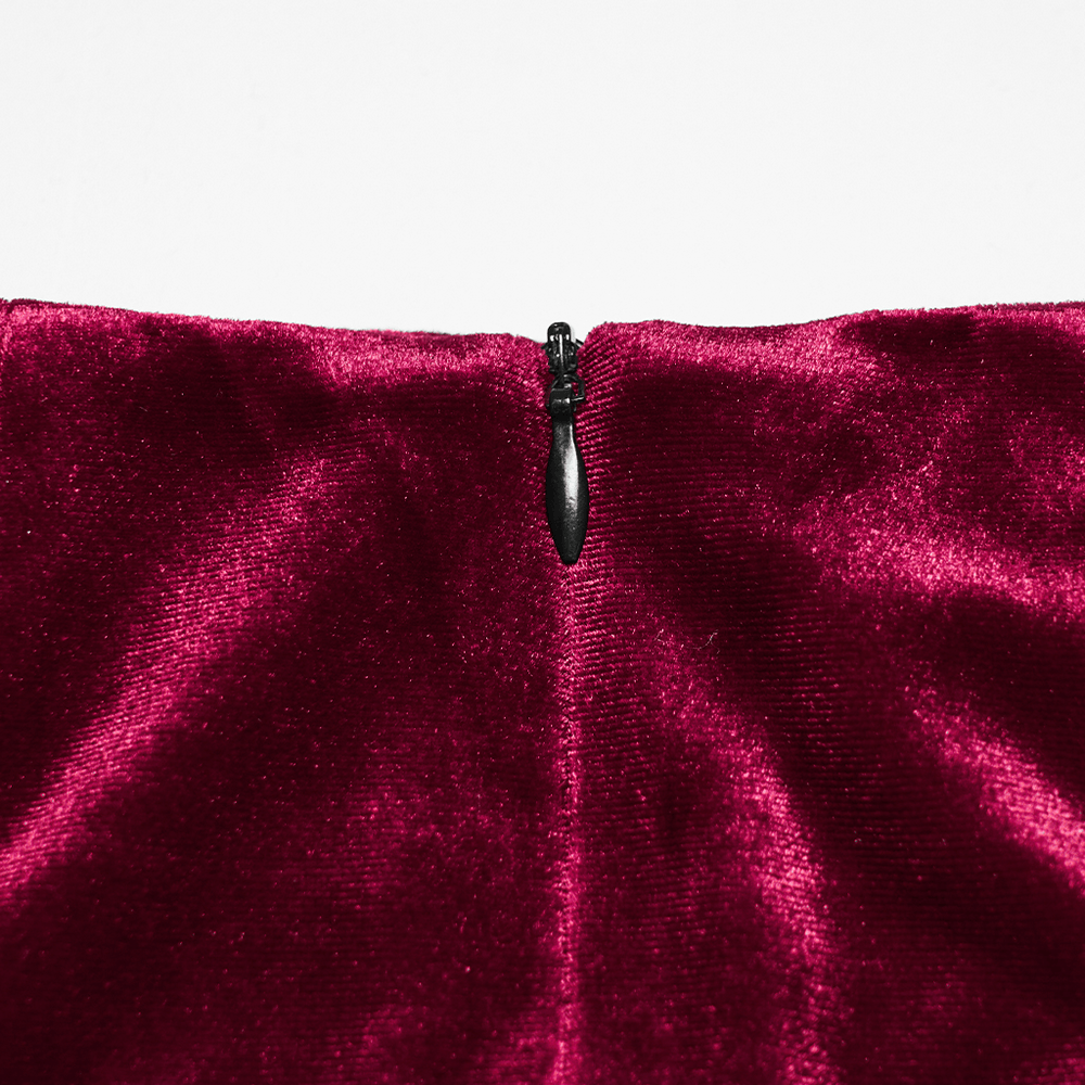 Alt Tag: Vintage Gothic Velvet Mermaid Skirt with Lace Hem burgundy velvet close-up with black zipper detail