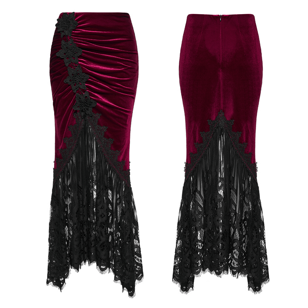 Alt Tag: Vintage Gothic Velvet Mermaid Skirt with Lace Hem in burgundy velvet with ruched panels, black floral applique, and long lace fishtail hem