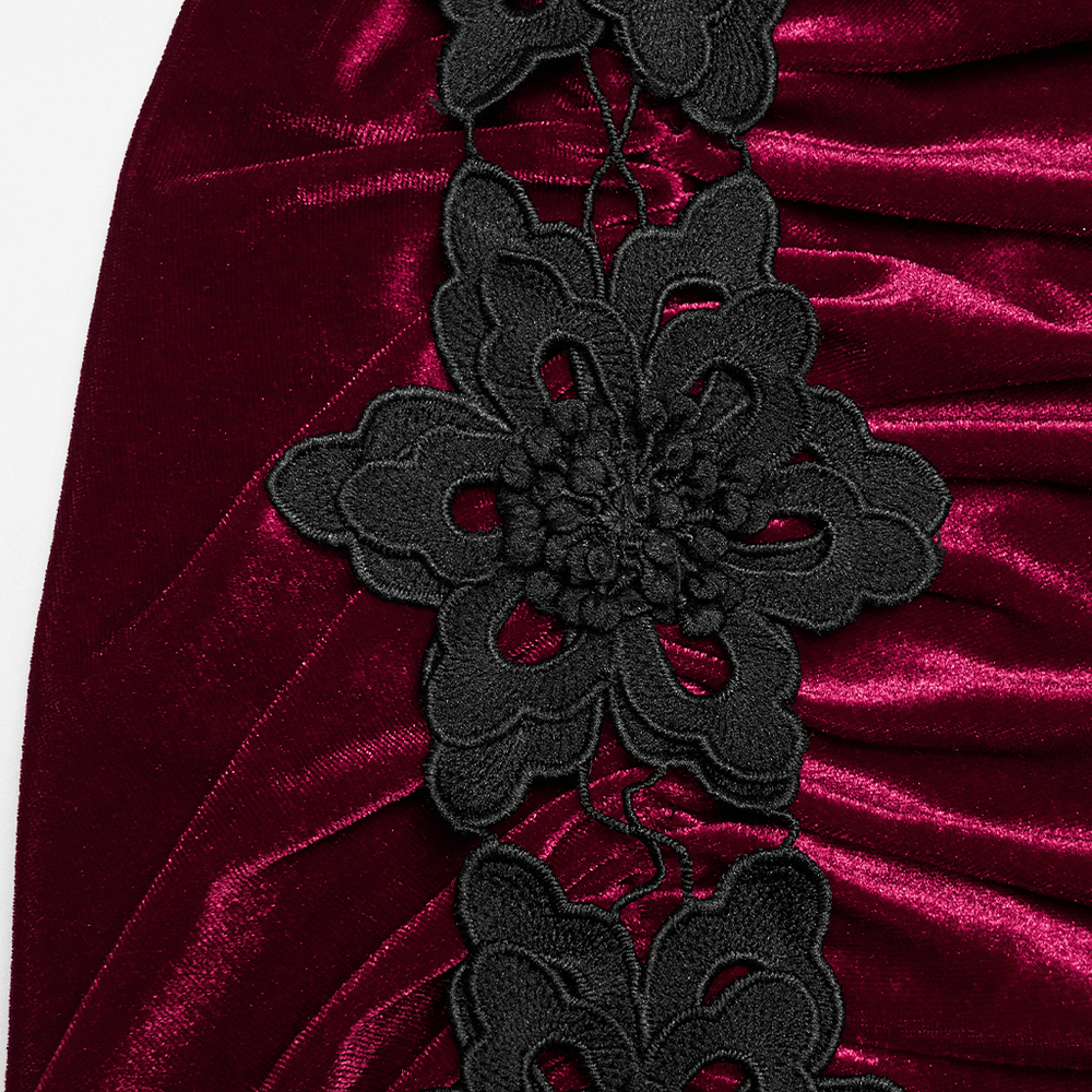 Alt Tag: Vintage Gothic Velvet Mermaid Skirt with Lace Hem burgundy velvet ruching with black floral applique close-up