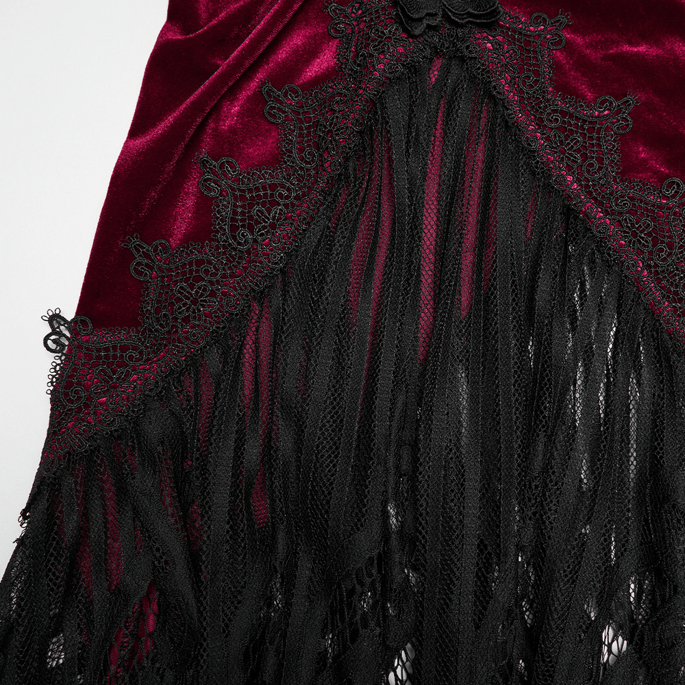 Alt Tag: Vintage Gothic Velvet Mermaid Skirt with Lace Hem close-up in burgundy velvet with black lace hem, floral applique, and eyelash trim