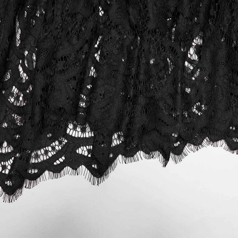Alt Tag: Vintage Gothic Velvet Mermaid Skirt with Lace Hem black eyelash lace scalloped hem detail close-up
