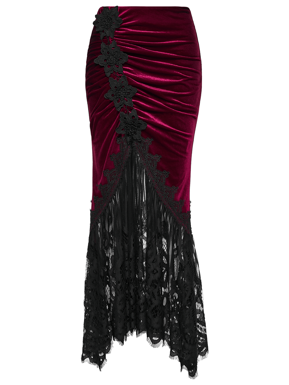 Alt Tag: Vintage Gothic Velvet Mermaid Skirt with Lace Hem, burgundy ruched velvet fishtail skirt with black floral appliques and lace hem