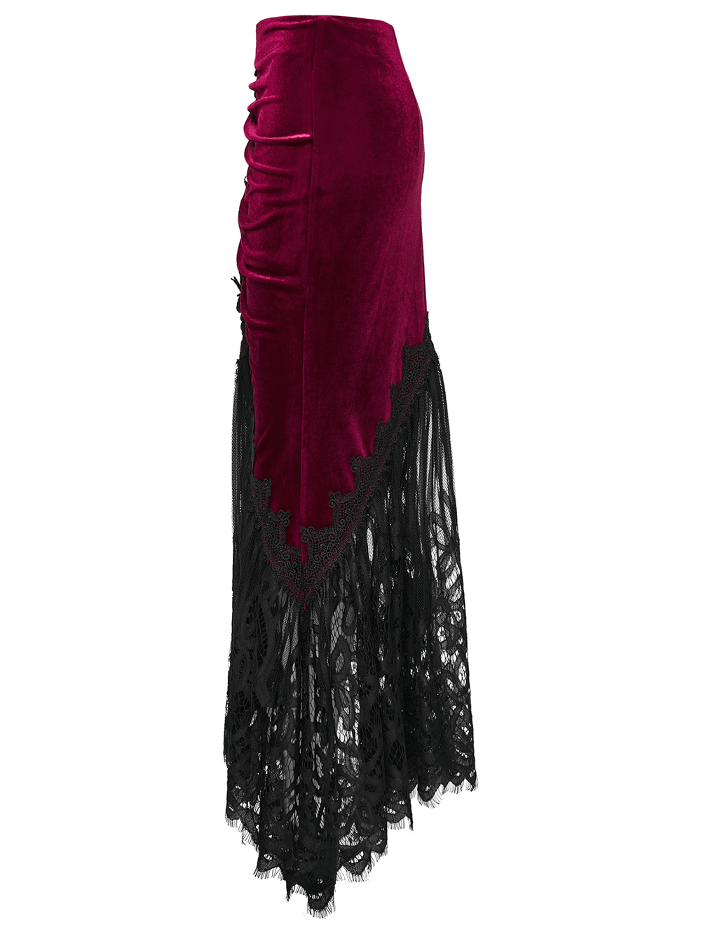 Alt Tag: Vintage Gothic Velvet Mermaid Skirt with Lace Hem in burgundy velvet with ruched side and dramatic black lace fishtail hem