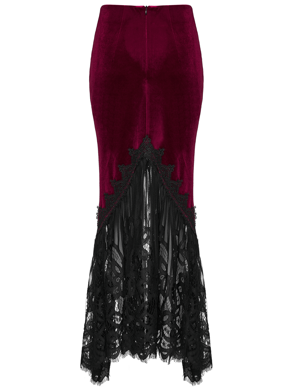 Alt Tag: Vintage Gothic Velvet Mermaid Skirt with Lace Hem in burgundy velvet with black floral lace fishtail hem, front view