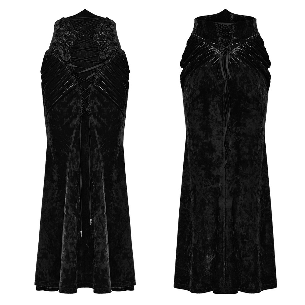 Vintage Gothic velvet dress featuring lace details and elegant pleats, perfect for a timeless dark aesthetic.
