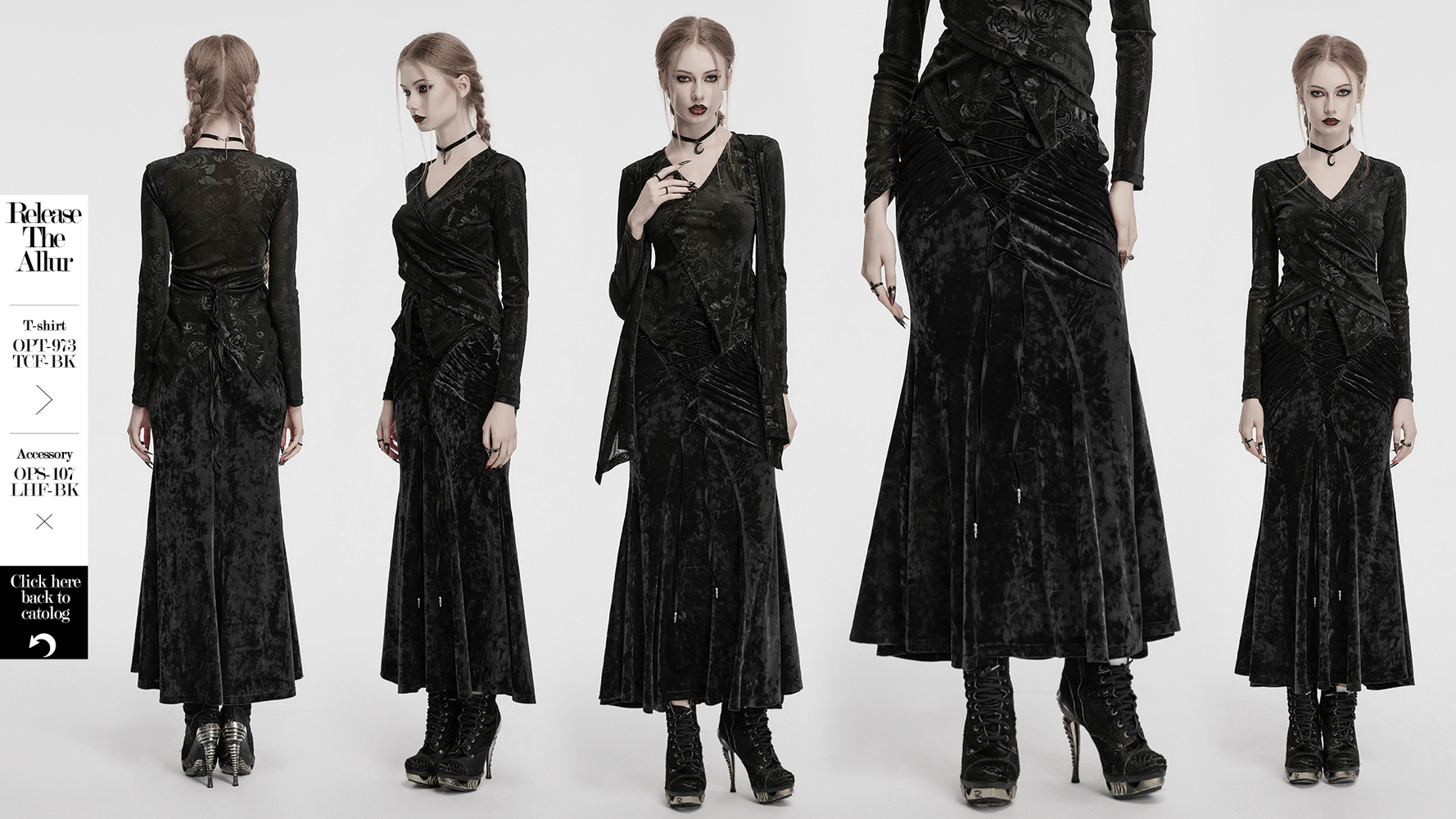 Vintage gothic velvet skirt featuring lace and pleats, showcased on a model in stylish black attire.