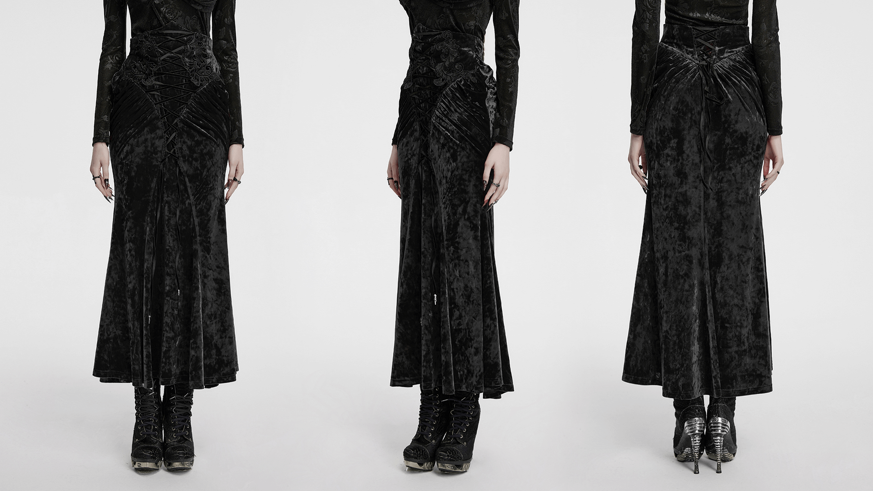 Goth vintage velvet skirt with lace, pleats, and high waist design, showcasing a stunning black gothic aesthetic.