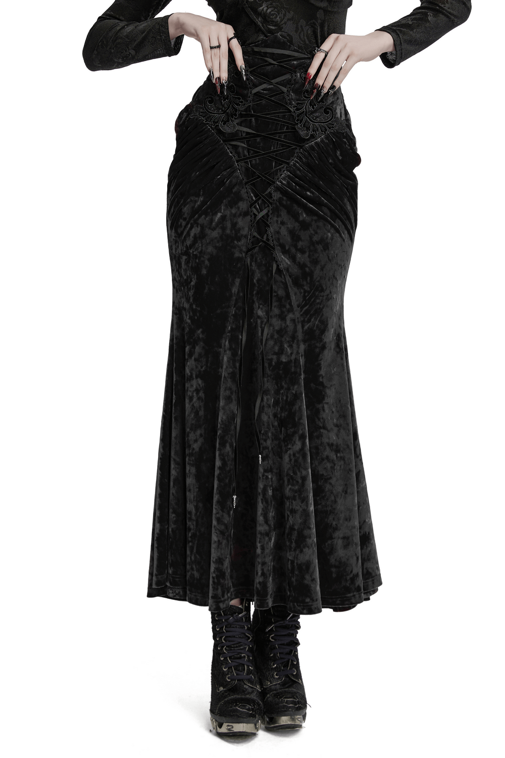 Vintage Gothic velvet skirt with lace and pleats, high waist design, perfect body curve, fashionably dark chic style.