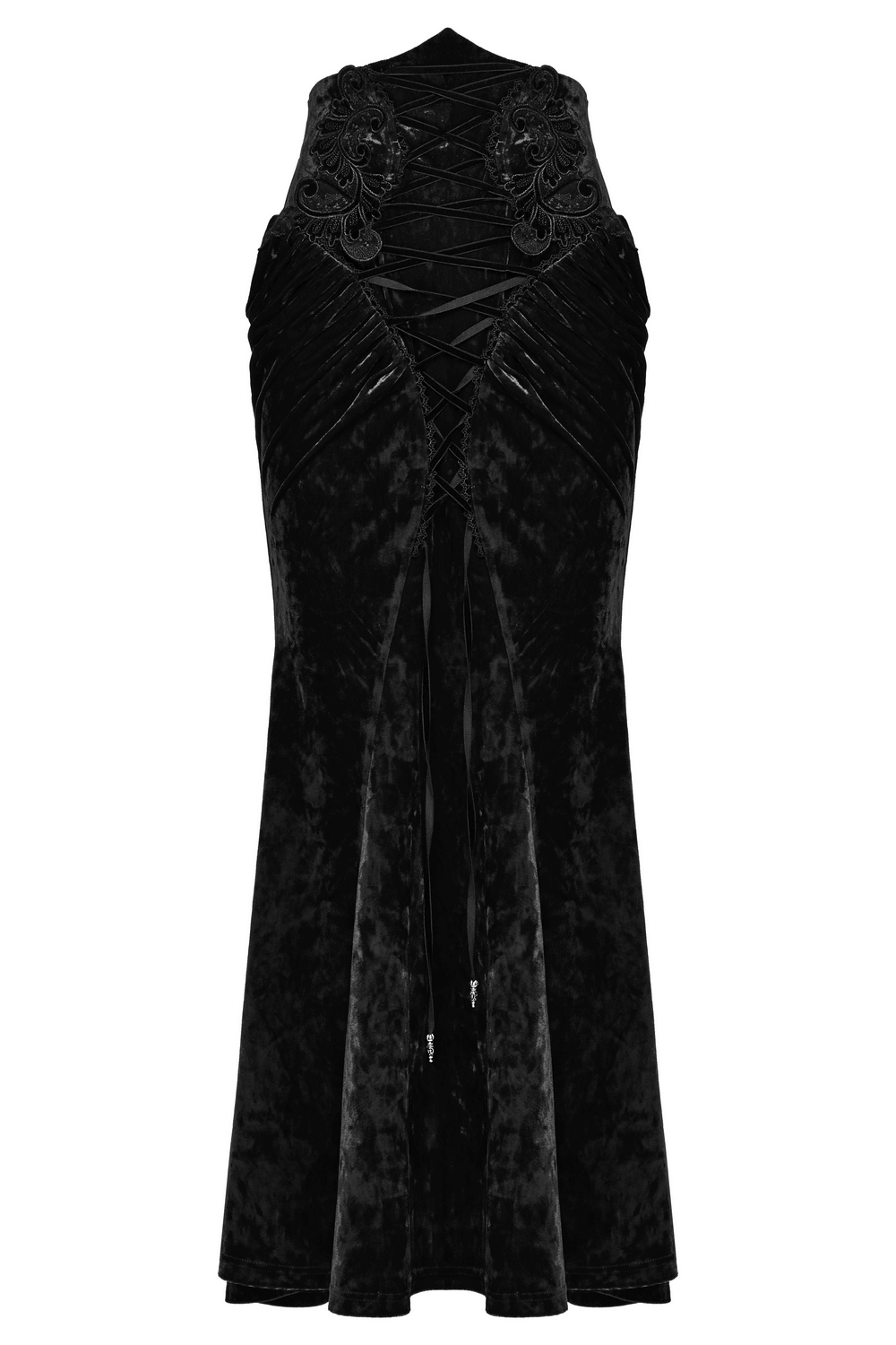 Vintage gothic velvet skirt with lace, pleats, and elegant side zipper, showcasing intricate detailing and stylish design.