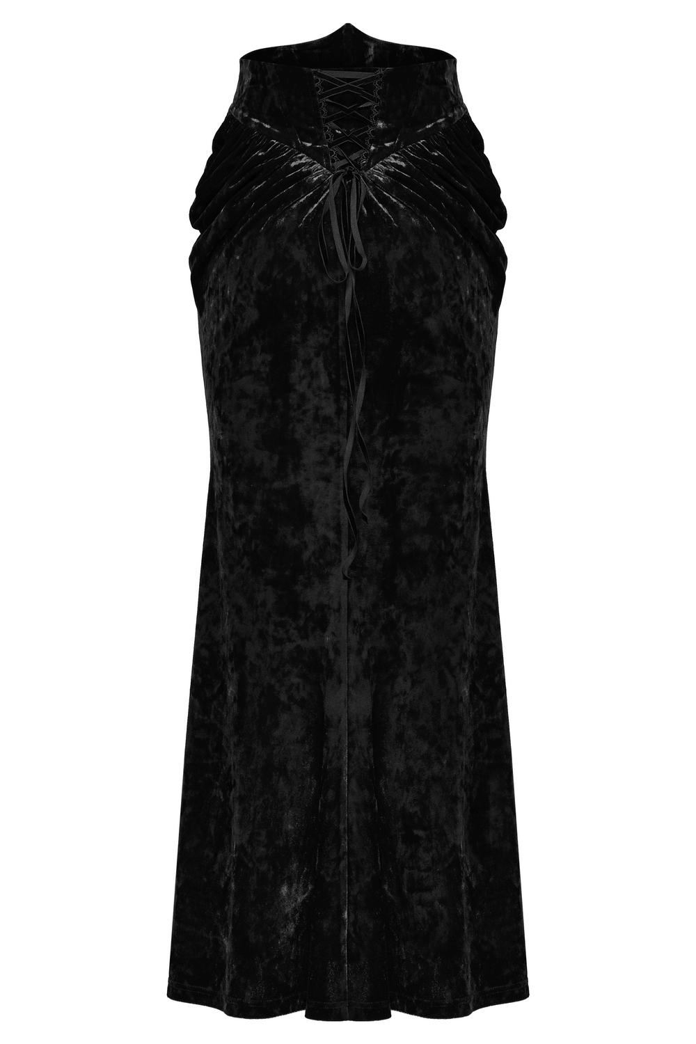 Vintage gothic velvet skirt with lace and pleats, featuring a stylish black design and adjustable details.