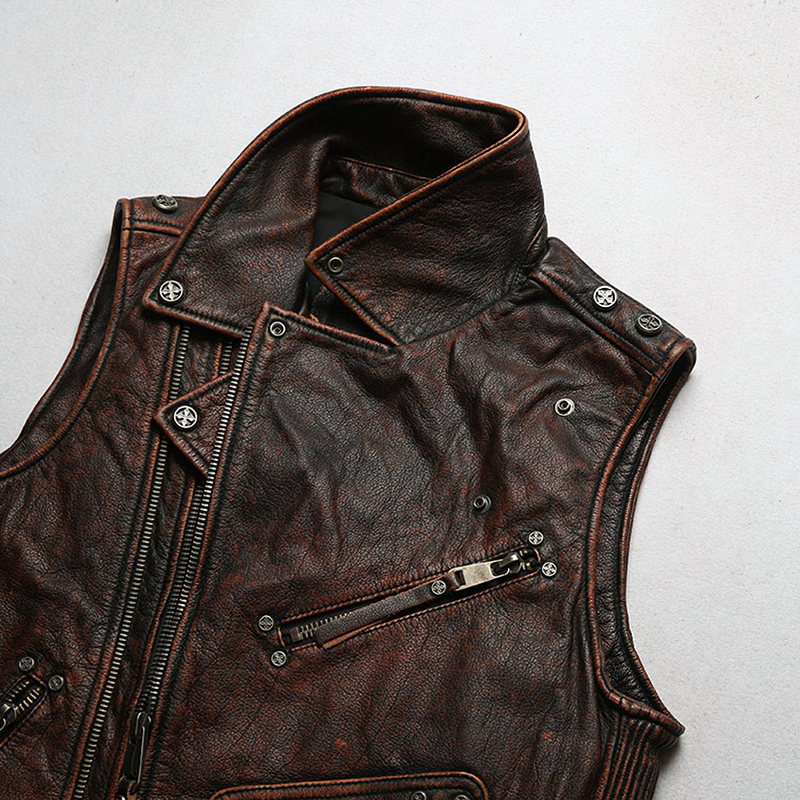 Vintage Heavy Genuine Leather Motorcycle Biker Vest for Men / Rock Style Sleeveless Waistcoats - HARD'N'HEAVY