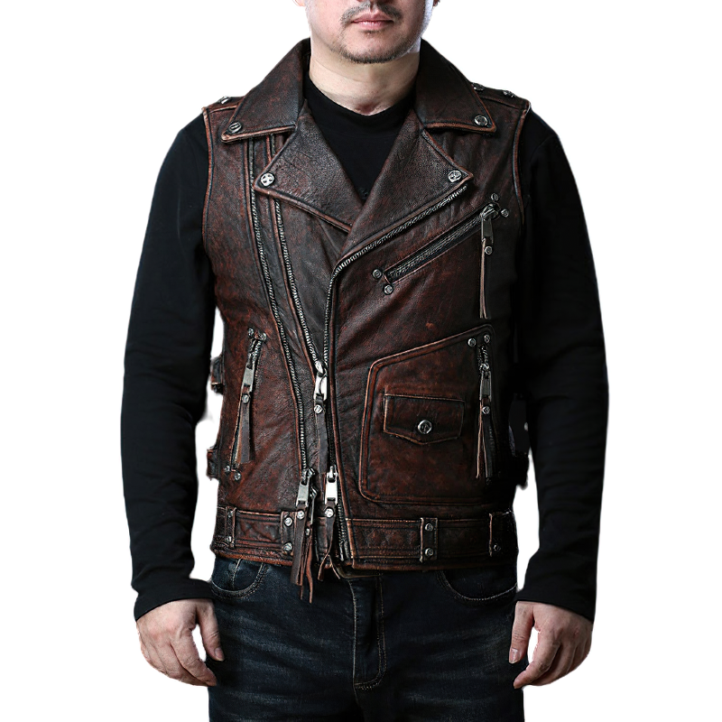 Vintage Heavy Genuine Leather Motorcycle Biker Vest for Men / Rock Style Sleeveless Waistcoats - HARD'N'HEAVY