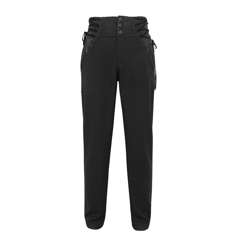 Vintage high-waisted gothic pants with lace-up waist and patterned buttons for a bold, timeless look.