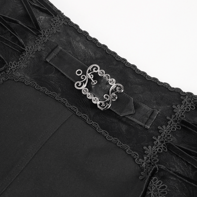 Close-up of vintage high-waisted pants lace-up waist with ornate patterned buttons for a gothic style.