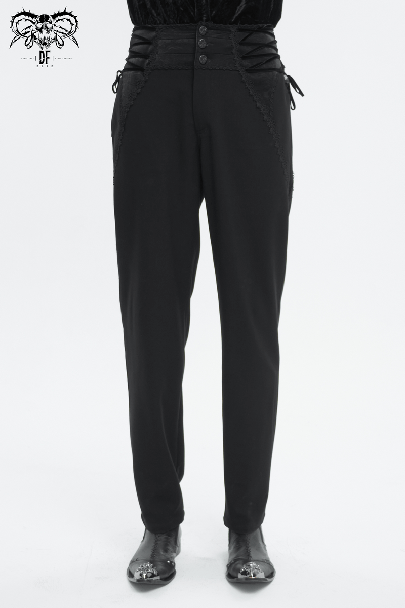 Vintage high-waisted gothic trousers with lace-up waist and patterned buttons, perfect for stylish rebellious looks.