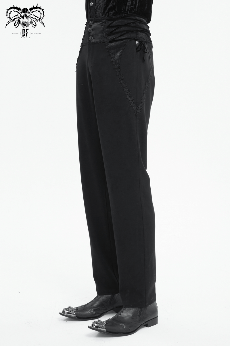 Men's vintage high-waisted gothic trousers with lace-up waist and patterned buttons, exuding old-world allure.