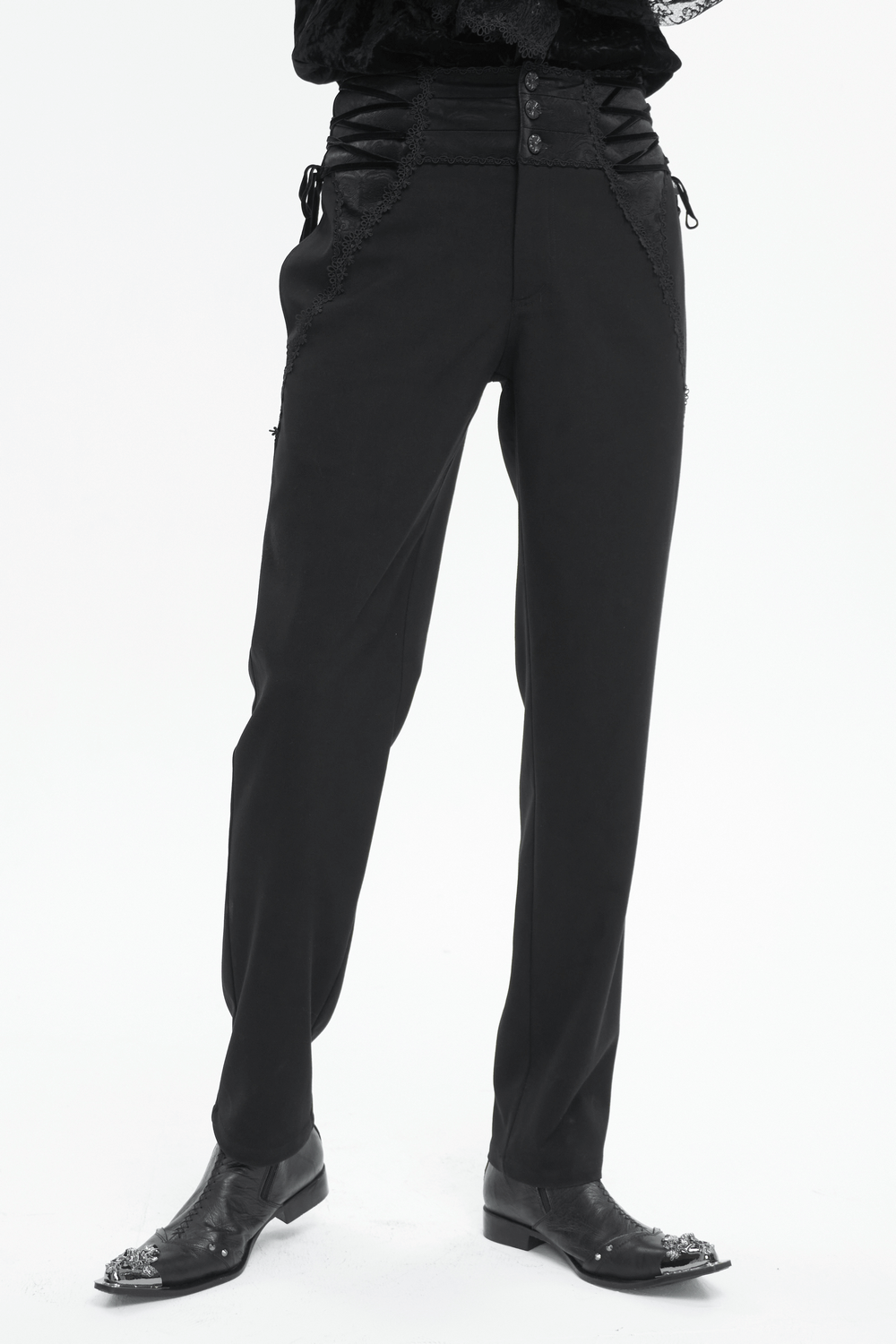 Men's vintage high-waisted gothic trousers with lace-up waist and patterned buttons in sleek black.