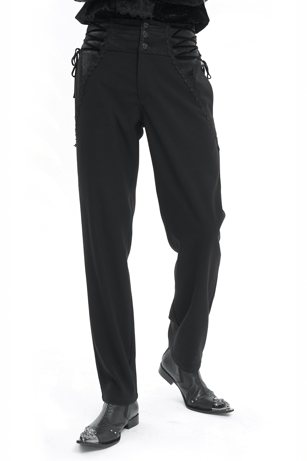 Men's vintage high-waisted gothic trousers featuring lace-up waist and patterned buttons, perfect for a bold statement look.