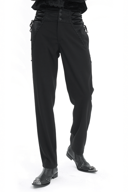 Vintage High-Waisted Pants with Patterned Buttons / Gothic Trousers with Lace-Up on Waist