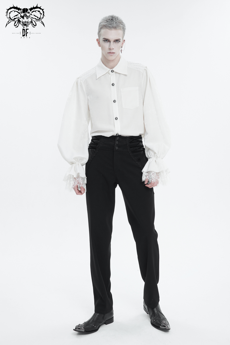 Men's vintage high-waisted gothic pants with patterned buttons, paired with a stylish white blouse.