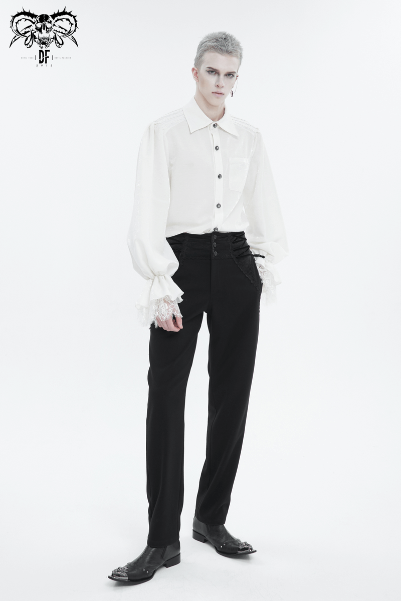 Men's vintage gothic high-waisted pants with patterned buttons and lace-up waist, styled with a white long-sleeve shirt.
