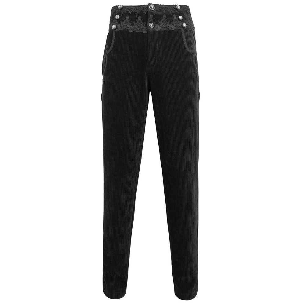 Vintage-inspired black corduroy pants with stylish lace trim for a modern retro look.