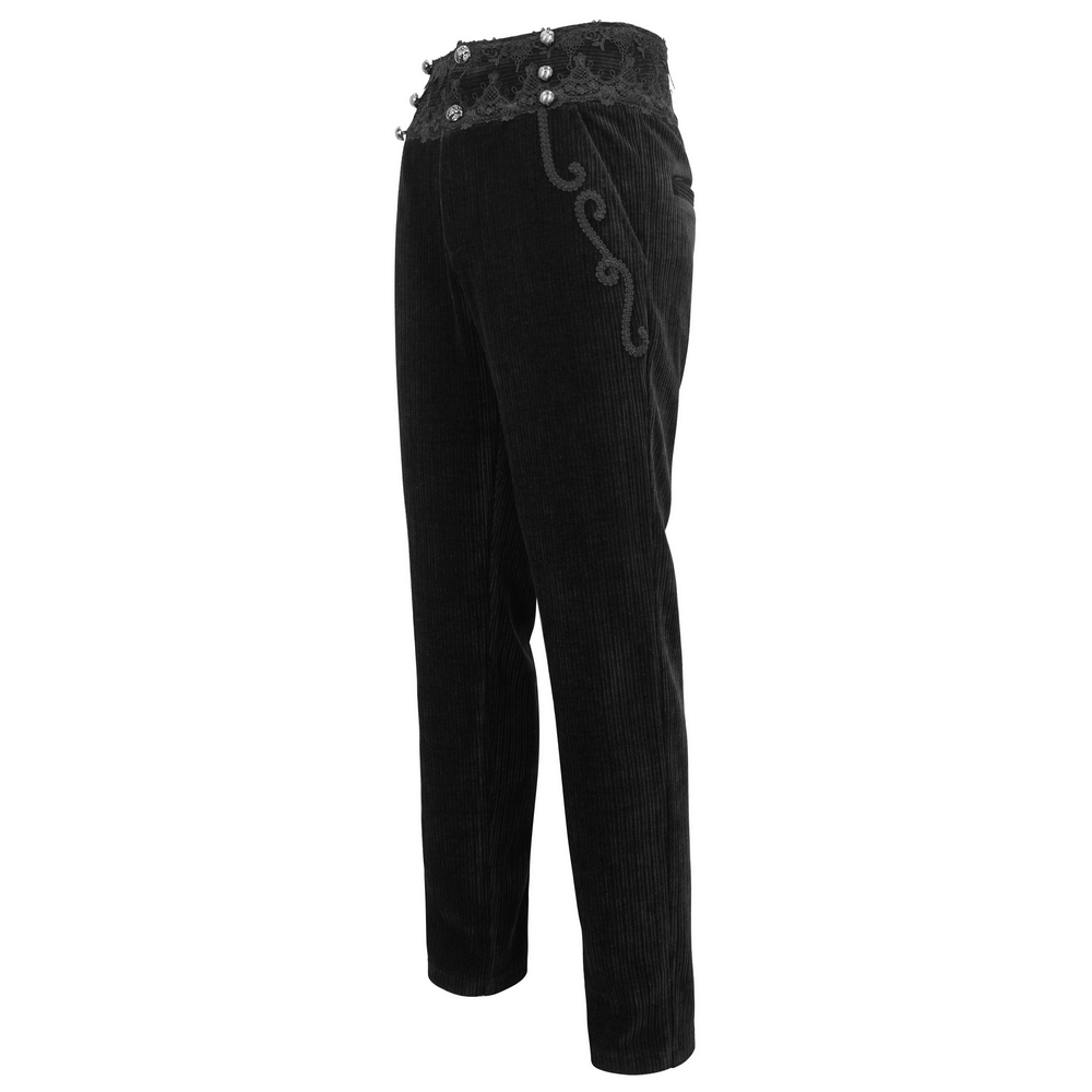 Vintage-inspired black corduroy pants with lace and button detail, showcasing retro sophistication.