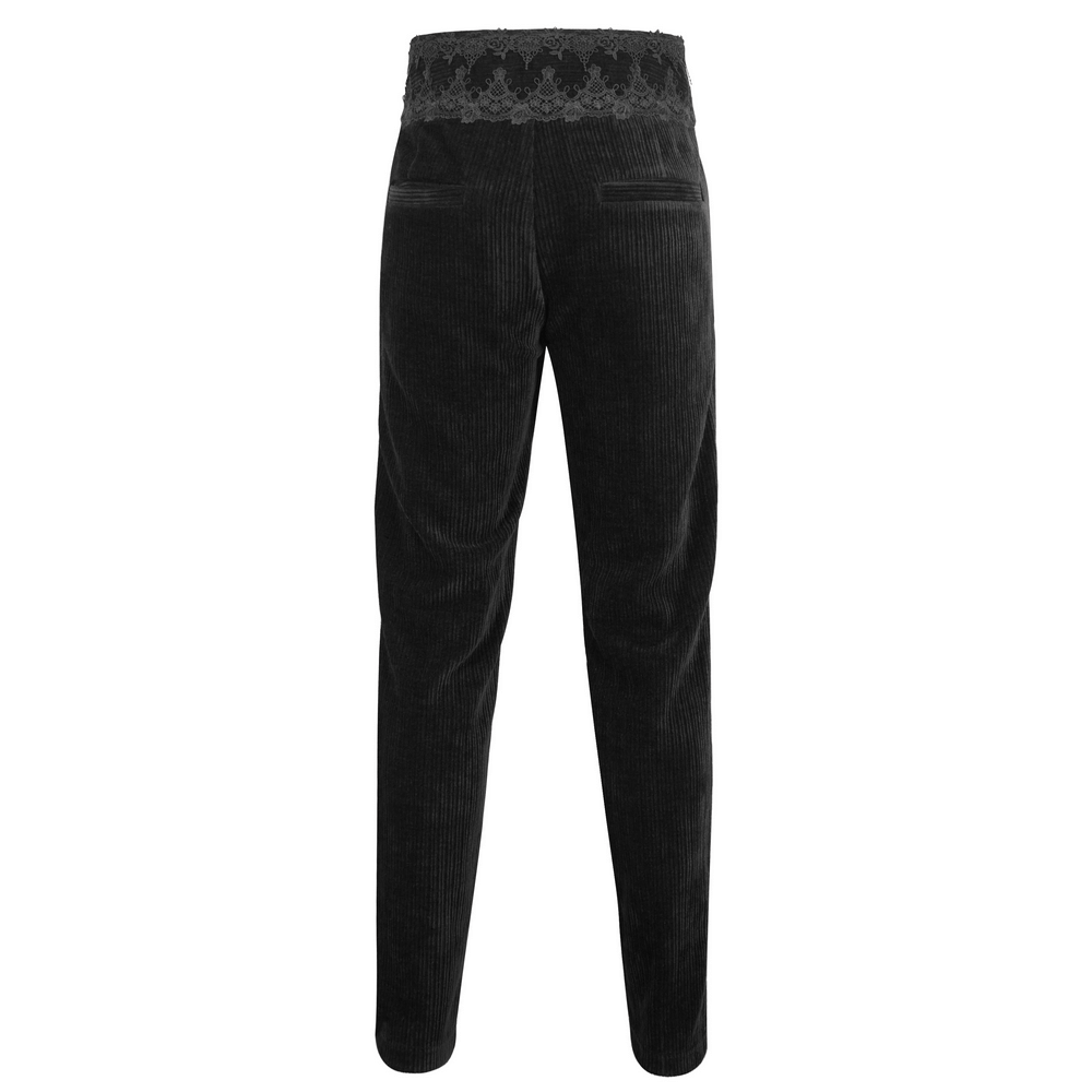 Back view of retro-inspired black corduroy pants featuring stylish lace trim for a vintage flair.